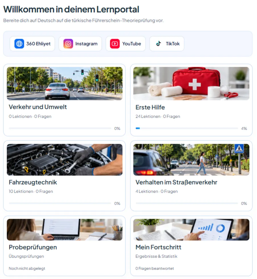 360 Ehliyet Almanca dijital eğitim platformu ekranı